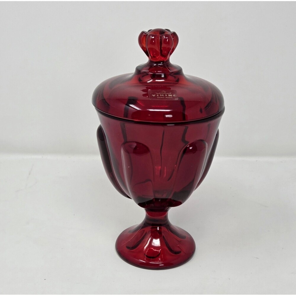 VTG VIKING Ruby Red Epic 6‎ Petal Compote Pedestal Candy Jar MCM 1950s-60s 8.5"